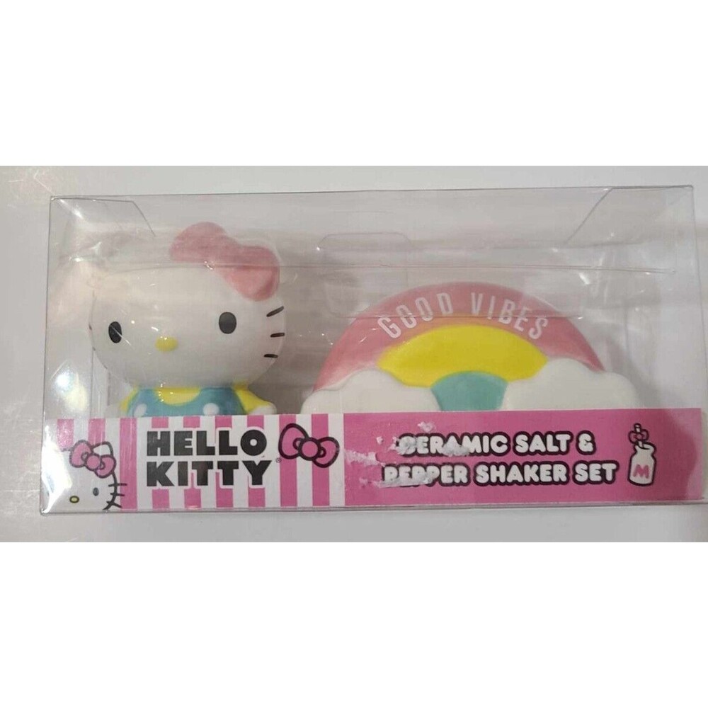 Sanrio Hello Kitty and Rainbow Good Vibes Ceramic Salt and Pepper Shaker Set New